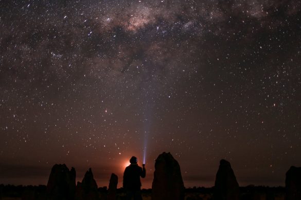 unrecognizable traveler admiring starry sky in nature